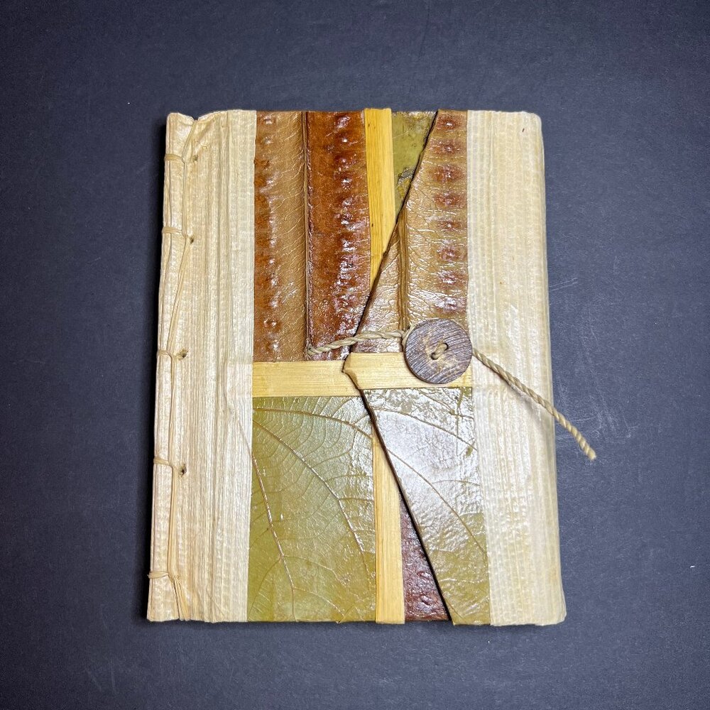 Handmade Earth Tone Natural Bamboo Paper Leaf Bi Fold Notebook Journal 6 x 5"